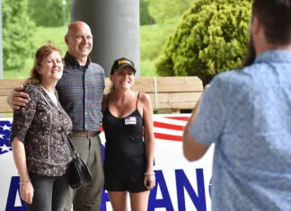 
			
				                                Lori Andrukaitis, right, of Miners Mills, poses for a photo with Doug and Rebecca Mastriano as the state senator and his wife made a campaign stop in Kirby Park on Friday.
                                 Tony Callaio | For Times Leader

			
		